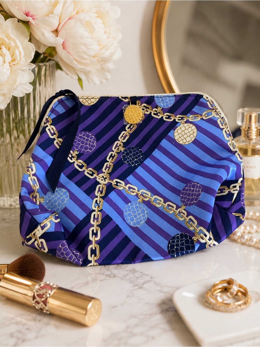 Vintage Satin Cosmetic Bag Purple Blue Chain Print Makeup Travel Toiletry Clutch